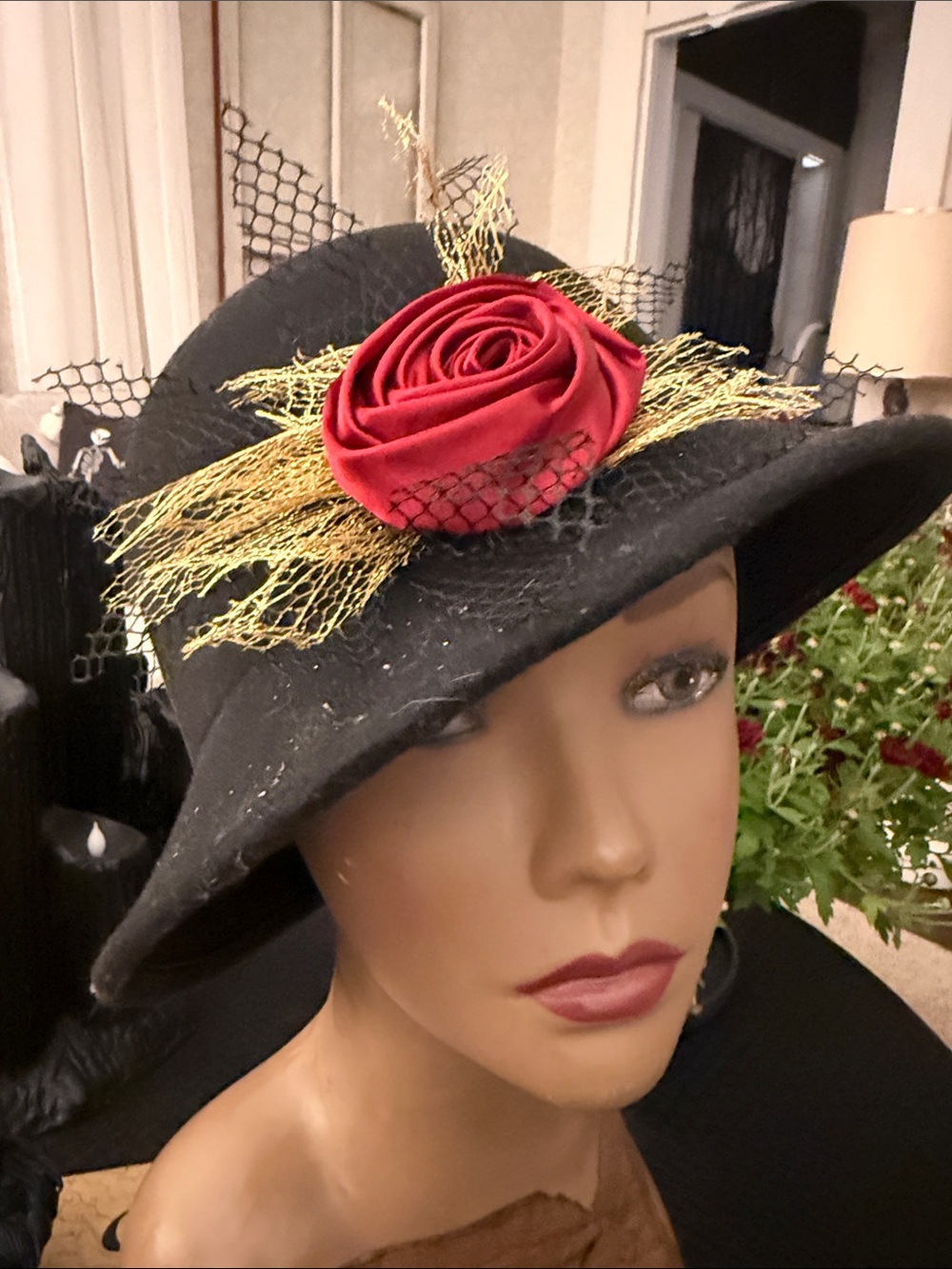 Black Felt Cloche Hat with Red Flower Gold Mesh Bowler 1920s Costume Gatsby